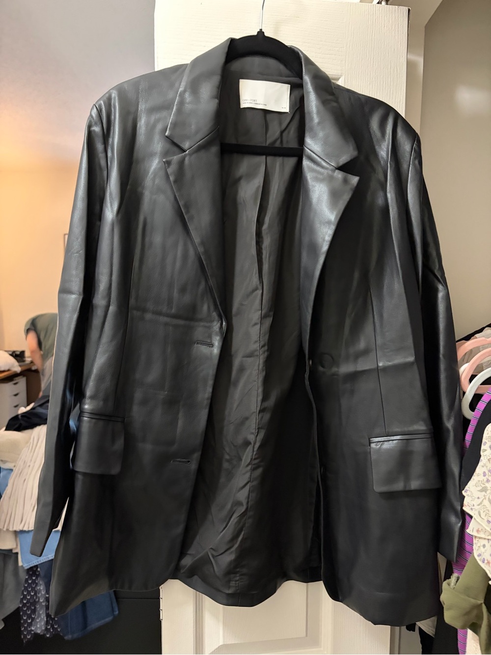 Size M - Oak + Fort Black Faux Leather Blazer Jacket - Women's Tailored Coat